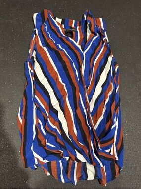 Sleeveless Striped V-Neck Blouse in Blue, Rust & White